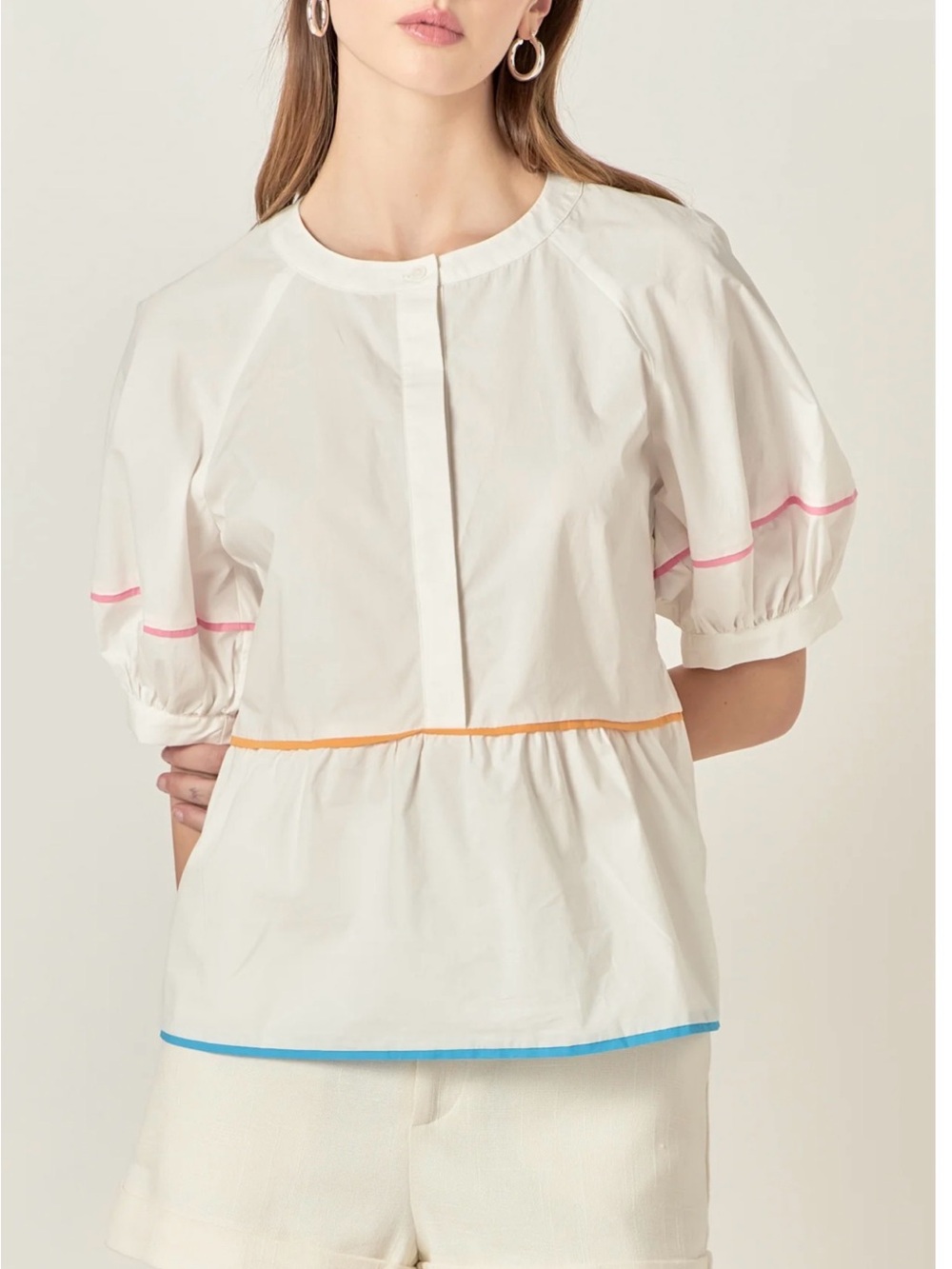 English Factory Piping Detail Cotton Poplin Blouse Size Large EUC